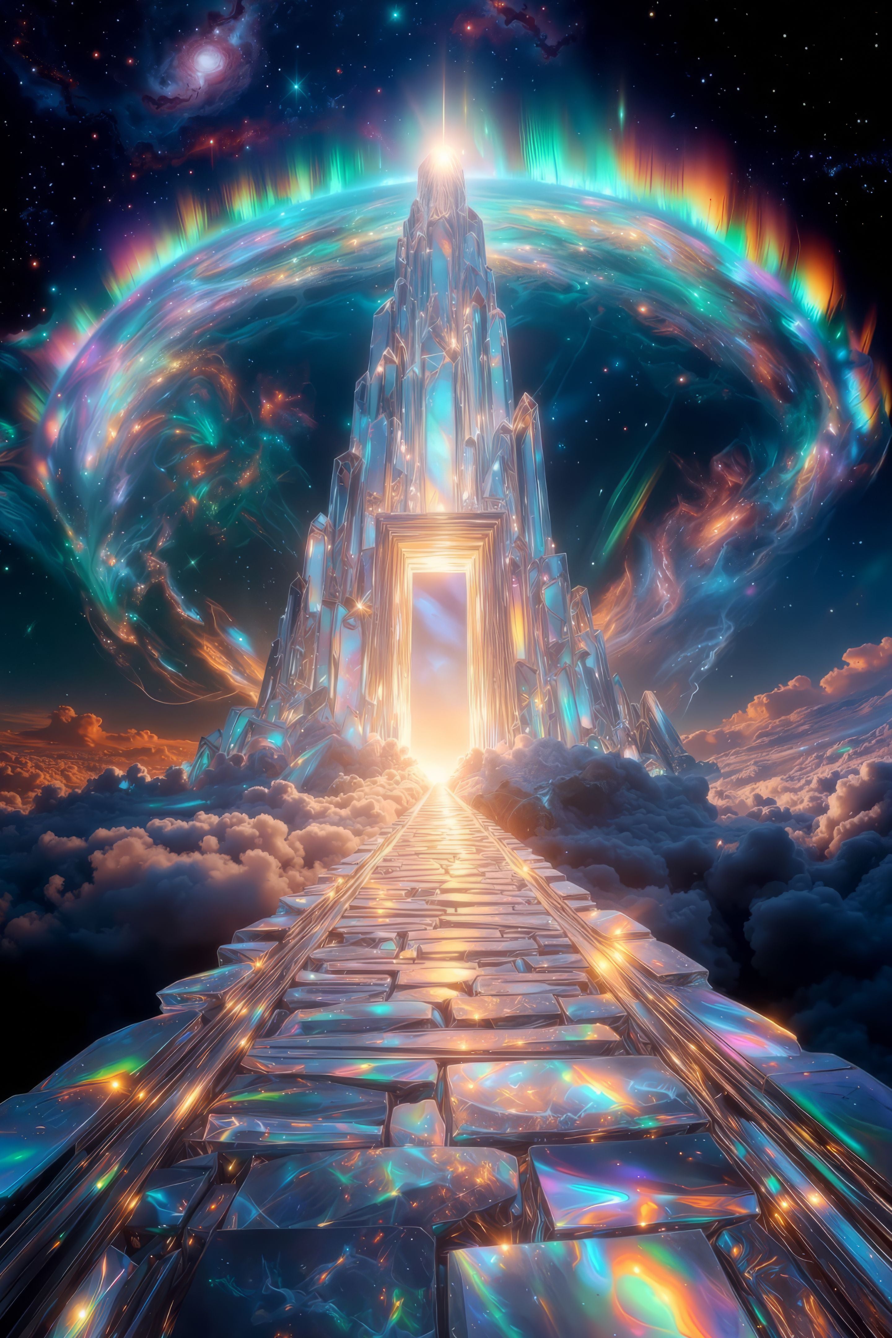 Luminous Crystal Gateway | Iridescent Aurora Tower | High-Resolution Digital Download