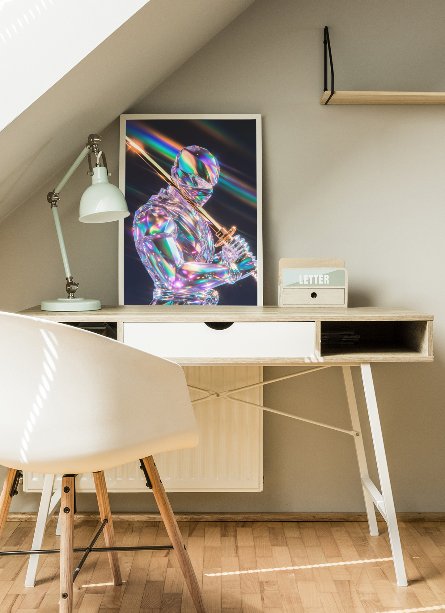 Crystal Ninja with Golden Katana | Iridescent Samurai Wall Art | Metal & Canvas Print