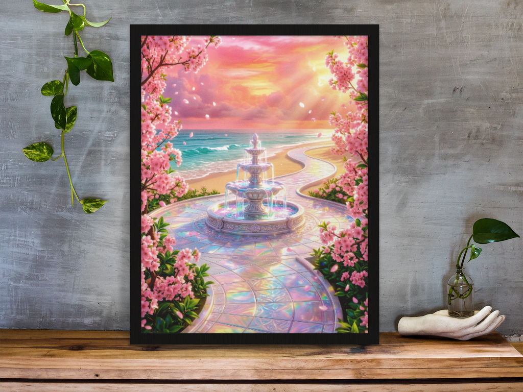 Magical Cherry Blossom Fountain | Iridescent Coastal Wall Art | Aluminum Print