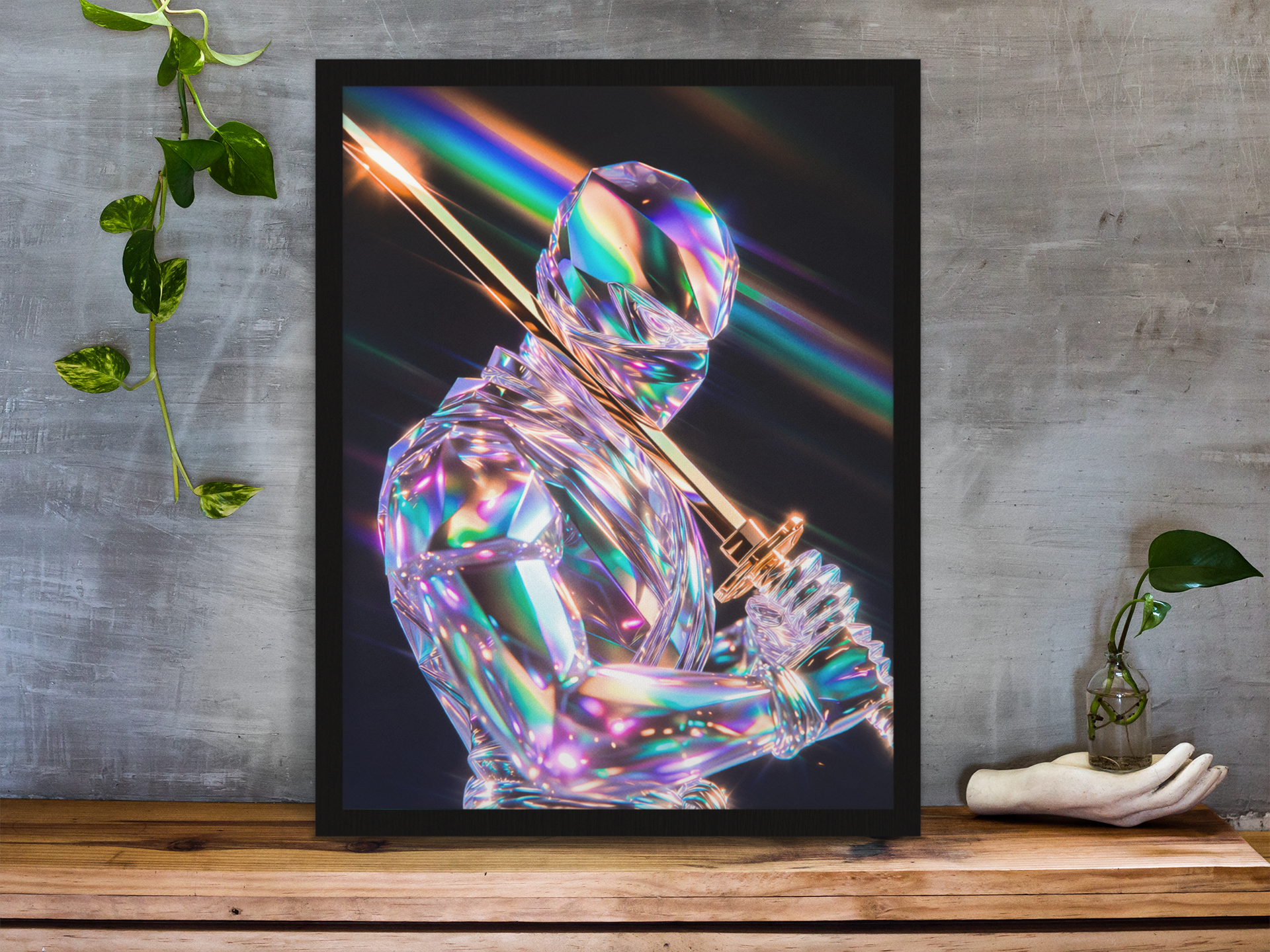 Crystal Ninja with Golden Katana | Iridescent Samurai Wall Art | Metal & Canvas Print