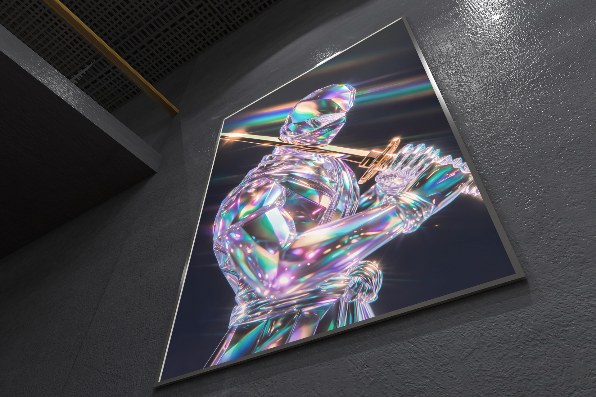 Crystal Ninja with Golden Katana | Iridescent Samurai Wall Art | Metal & Canvas Print